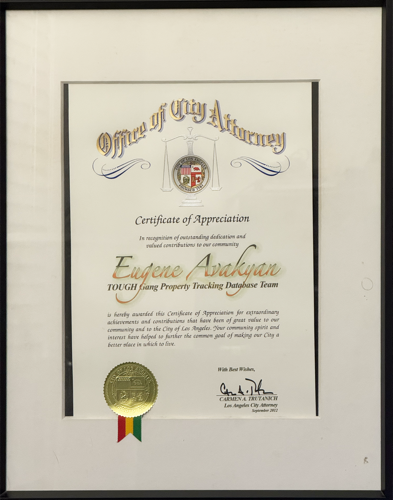 Certificate of Appreciation from Los Angeles City Attorney for T.O.U.G.H. Gang Property Tracking Database Team